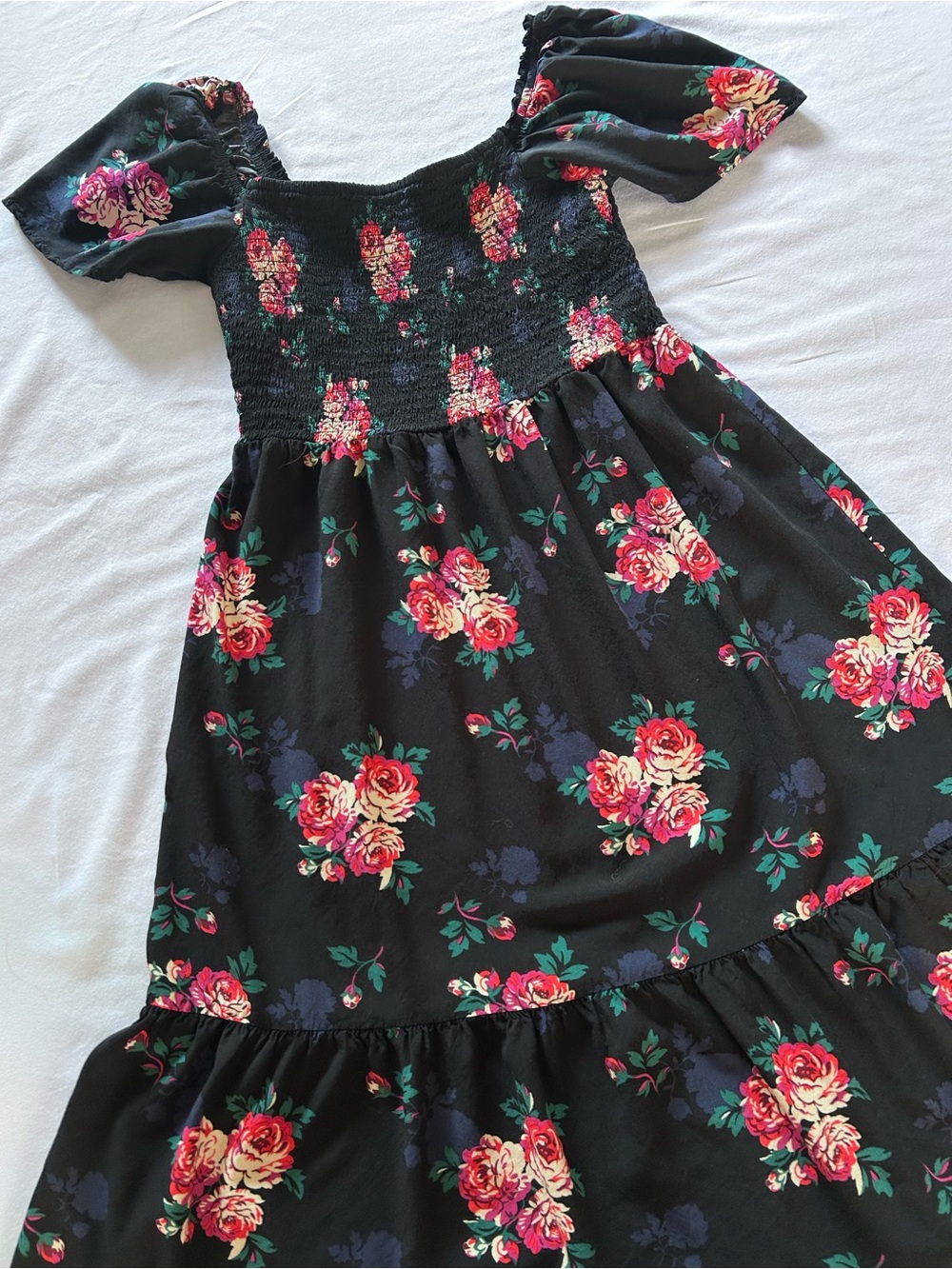 GAP Black Floral Smocked Midi Dress Size S Puff Sleeve Cottagecore